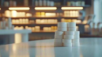 Stack of prescription pillboxes on a clean pharmacy countertop.