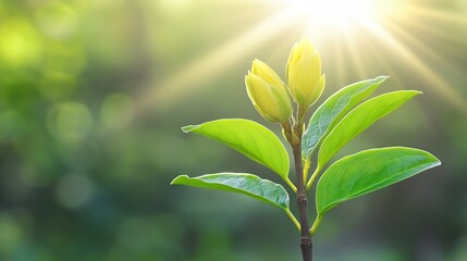 Obraz premium New Life, Green Leaves Unfolding on a Twig, Illuminated by Natural Light, Spring Background