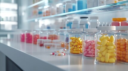Sterile counter with different types of prescription medications lined up.