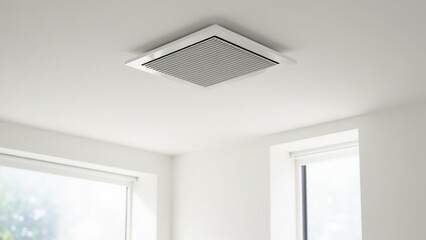Fototapeta premium Ceiling Air Vent, Sleek white ceiling air vent in minimalist room soft light streaming in clean lines symmetric design.