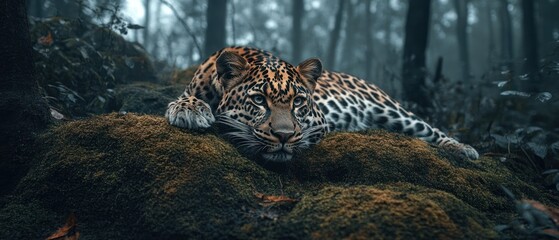 A Leopard Resting on Mossy Rocks in a Misty Forest