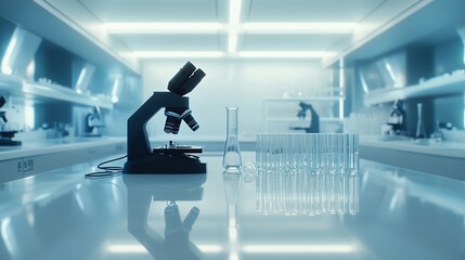 Sterile clinical lab with microscopes and test tubes in a modern medical school.