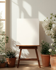 Mockup of a canvas on an easel with decorative plants – Elegant textured background