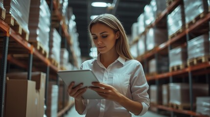 Woman in warehouse holding tablet. Female employee in stock of a stock supervisor. Management system with smart tablet in the digital warehouse. A woman is in a warehouse, holding lifestyle a tablet.