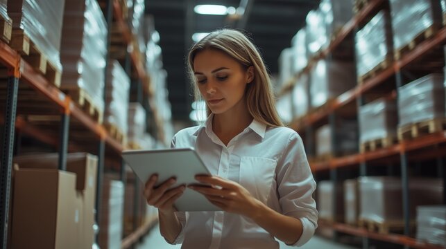 Woman in warehouse holding tablet. Female employee in stock of a stock supervisor. Management system with smart tablet in the digital warehouse. A woman is in a warehouse, holding lifestyle a tablet.