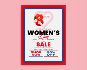 Holiday design, background with handwriting and 3D texts and heart shape for International Women's day, sales and commercial event; Vector illustration.