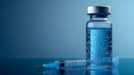 Vial with medicine and syringe resting on reflective surface