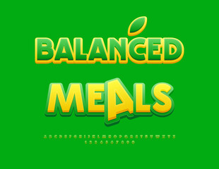Naklejka premium Vector Healthy badge Balanced Meals. Green and Yellow Artistic Font. Decorative Alphabet Letters and Numbers set.