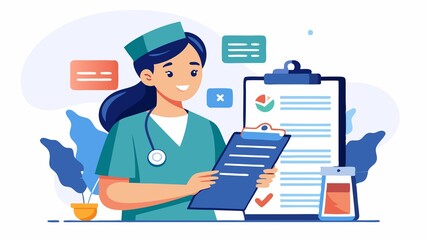 A close-up shot of a nurse holding a clipboard with patient information emphasizes the detail and accuracy required in medical record-keeping, creating a high-quality image perfect for medical public