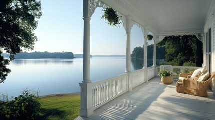 Tranquil lakefront porch overlooking serene water