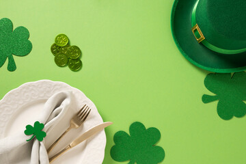 St Patrick's Day festive table setting with white plate, leprechaun hat and clover leaves on green...