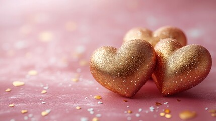 Obraz premium Golden glitter hearts celebrating valentine's day on pink background