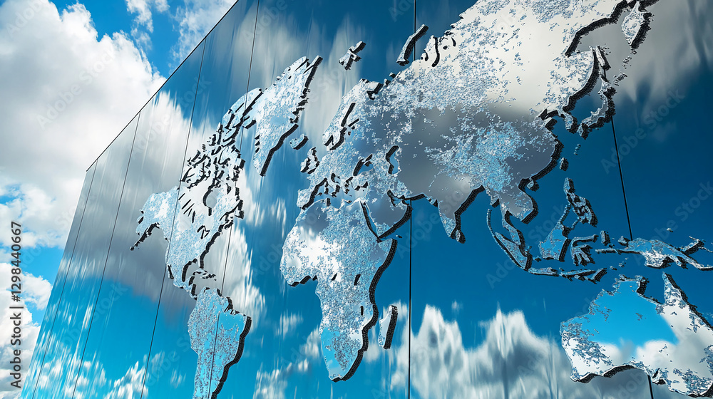 Aufkleber World map design reflected on a shiny metallic surface with a blue sky and clouds in the background, symbolizing global connections and modern architecture.