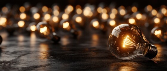 Obraz premium A Single Illuminated Light Bulb Amidst a Field of Blurred Bulbs
