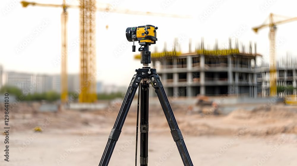 Poster yellow laser level on tripod at construction site with cranes and building in background