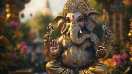 Fototapeta premium An elephant statue sitting on stone. Mythological god is a mythical creature in the hindu mythology. A generative ganesh technology is a technology that is based on artificial lifestyle intelligence.