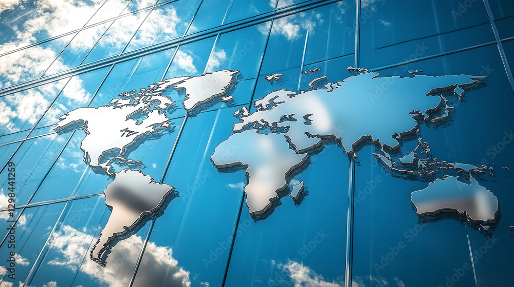 Poster World map in metallic design with a reflective surface showing clouds in the background, symbolizing global connection, modern architecture, and contemporary style.
