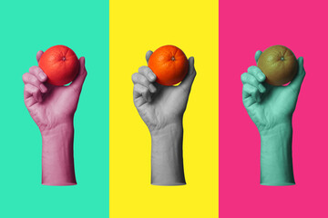 Modern collage in pop art style. Hand holding orange on color background