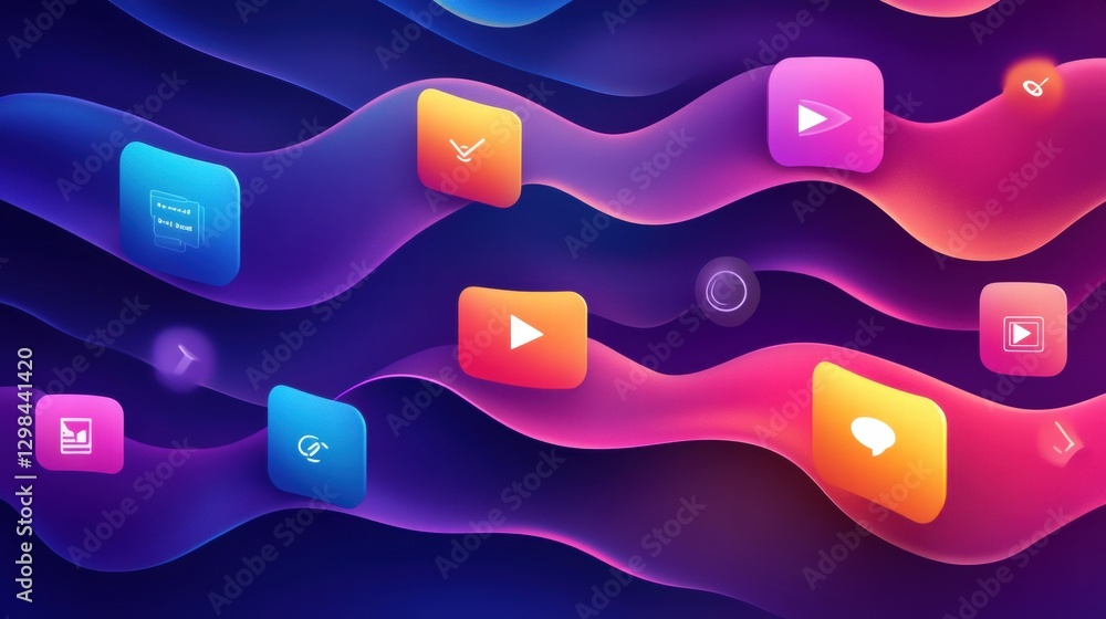 Aufkleber Colorful digital interface showing various multimedia icons in a fluid design against a dark background. Generative AI