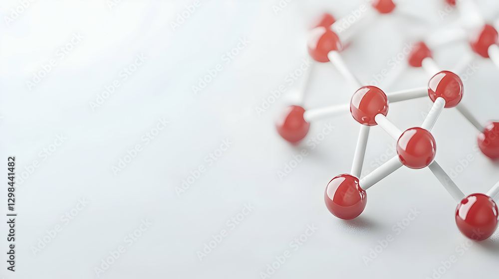 Poster abstract red molecular structure on white surface with selective focus and blurred background