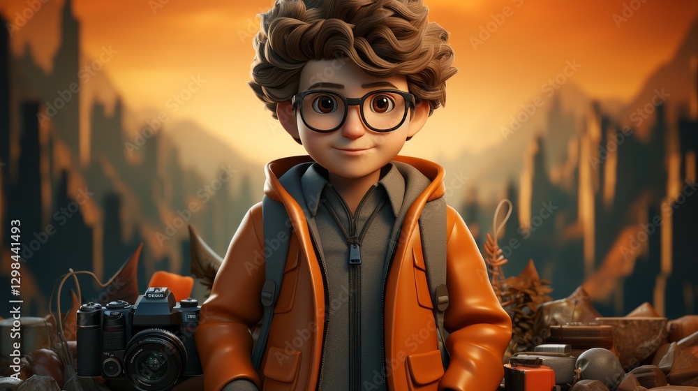Poster charming 3d render of cartoon character with camera in nature scene