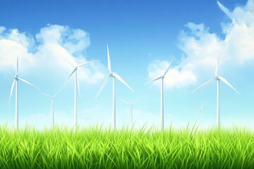 Wind turbines in a green field under a blue sky.