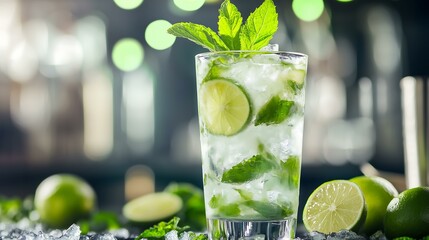Refreshing mojito cocktail with lime and mint on a bar counter with bokeh background.
