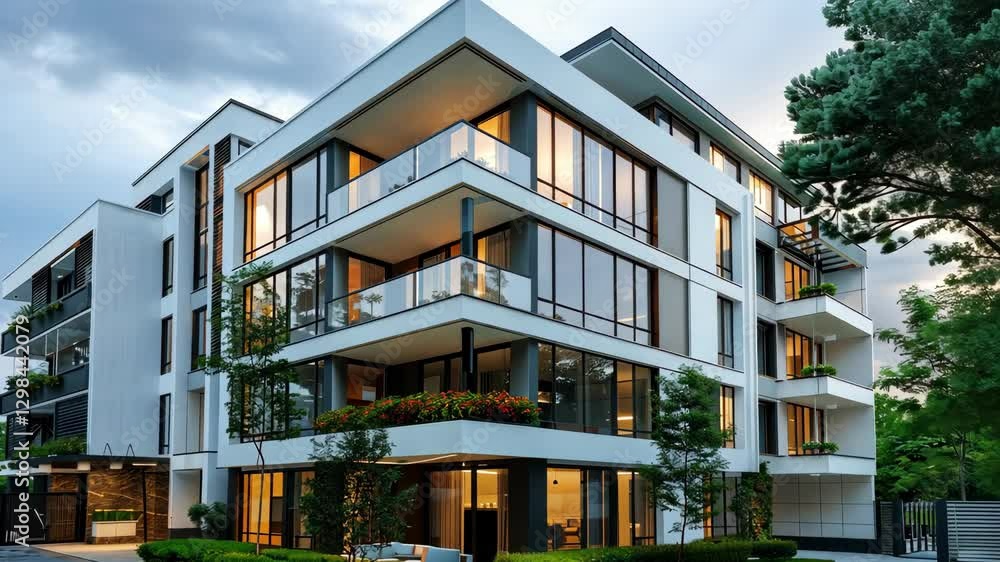 Poster stylish apartment building features large windows and green landscaping, creating an inviting atmosp