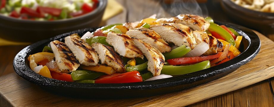 Sizzling grilled chicken fajitas served with colorful peppers and onions.