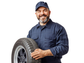 A mechanic stands confidently, gripping a car tire with both hands. Wearing a dark blue uniform and cap, he showcases a friendly demeanor in a workshop environment.