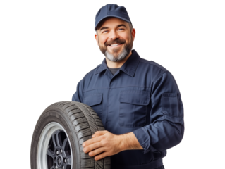 A mechanic stands confidently, gripping a car tire with both hands. Wearing a dark blue uniform and cap, he showcases a friendly demeanor in a workshop environment.