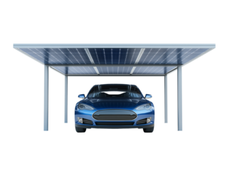 A blue electric vehicle is parked under a solar carport, showcasing the integration of renewable energy and sustainable transportation solutions. This setup emphasizes eco-friendliness.