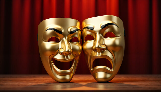 Classic theater masks expressing joy and sadness on stage, symbolism