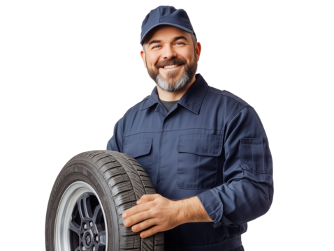 A mechanic stands confidently, gripping a car tire with both hands. Wearing a dark blue uniform and cap, he showcases a friendly demeanor in a workshop environment.