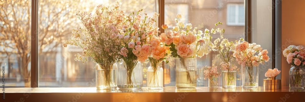 Poster flowers arranged in various vases enhance a bright interior space during golden hour light in a cozy