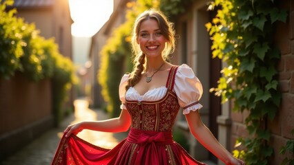 Obraz premium Dirndl Dress, Bavarian woman in vibrant red dirndl under autumn sun near brewery with lush vines framing.