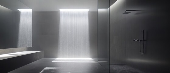 Obraz premium Modern Minimalist Bathroom with Rain Shower and Glass Partition