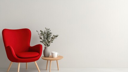 Red armchair, wooden side table, minimalist interior