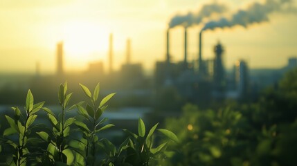 Factory with green plants in the foreground. A chemical plant with a green smoke. A tree alerting the public to environmental problems. A plant with lush greenery in the lifestyle front.