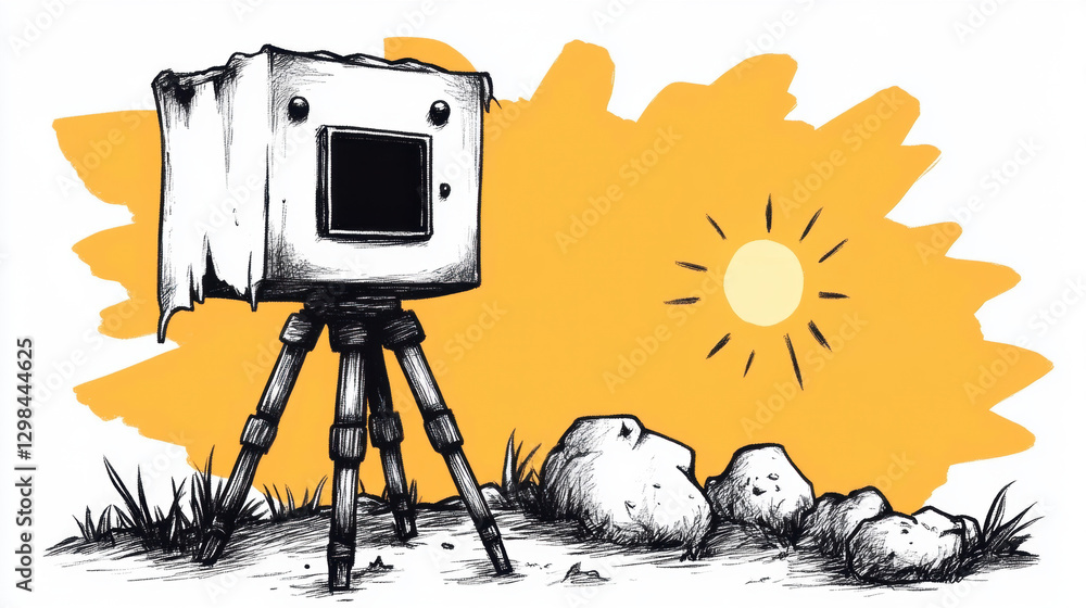 Poster documentary, a camera set up on a tripod capturing stunning footage with high fidelity and advanced 