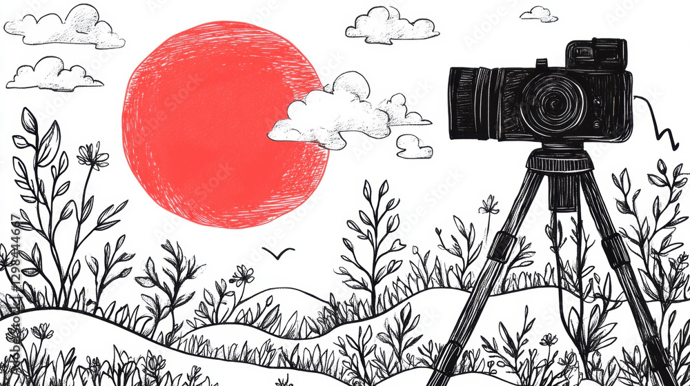 Poster documentary, a camera set up on a tripod filming a breathtaking scene in high fidelity version 2.4.3