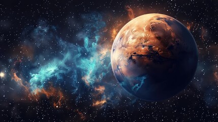 Obraz premium A vibrant depiction of a distant planet surrounded by colorful cosmic clouds and stars, evoking exploration and wonder