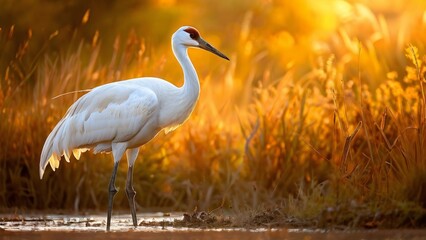 Naklejka premium Whooping Crane in Natural Habitat with Serene Mood in a Wetland Background