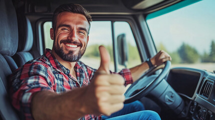 Cheerful Truck Driver Showcasing Creativity: Thumbs Up in Cab, Casual Style Amidst Scenic Background