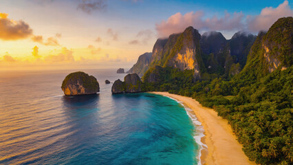 Scenic Tropical Beach With Crystal Clear Waters and Verdant Cliffs at Sunset