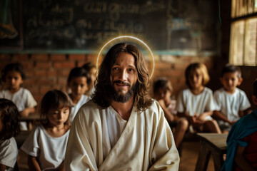 Fototapeta premium Jesus Christ Educator Teacher bringing faith and joy to young students in a modern school setting with wisdom and compassion