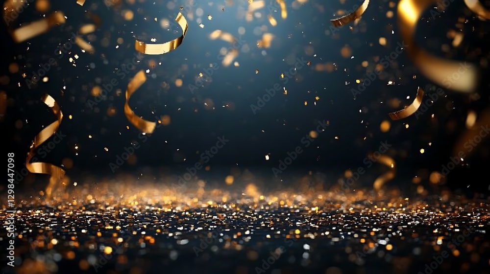Poster a background of golden confetti falling on a black backdrop, creating an elegant and festive atmosph