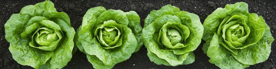 Four heads of organic butter lettuce, Lactuca sativa, ready for harvest in fertile garden soil