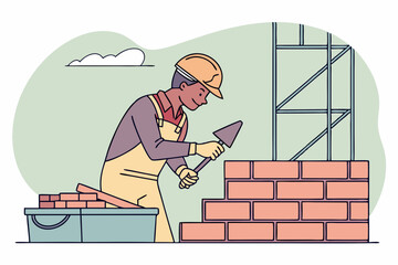 Construction Worker Laying Bricks on Building Site: Professional Builder in Action Vector Illustration