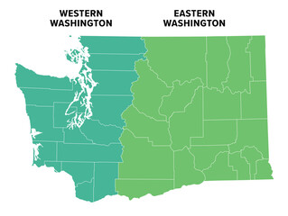 Western and Eastern Washington, political map. Regions of the state of Washington, in the Pacific Northwest region of the United States. Most residents live in the western part of the state. Vector